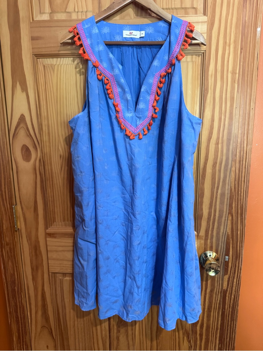 Vineyard Vines Blue Sleeveless Dress with Orange Tassel Trim